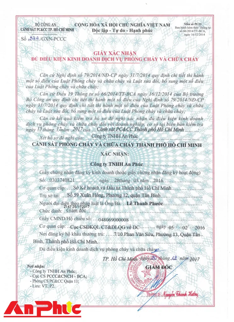 Giấy xác nhận đủ điều kiện kinh doanh PCCC của An Phúc